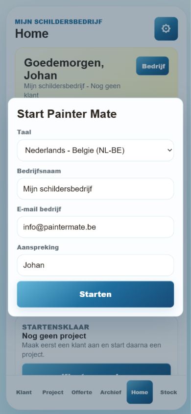 Painter Mate startup language and company details screen