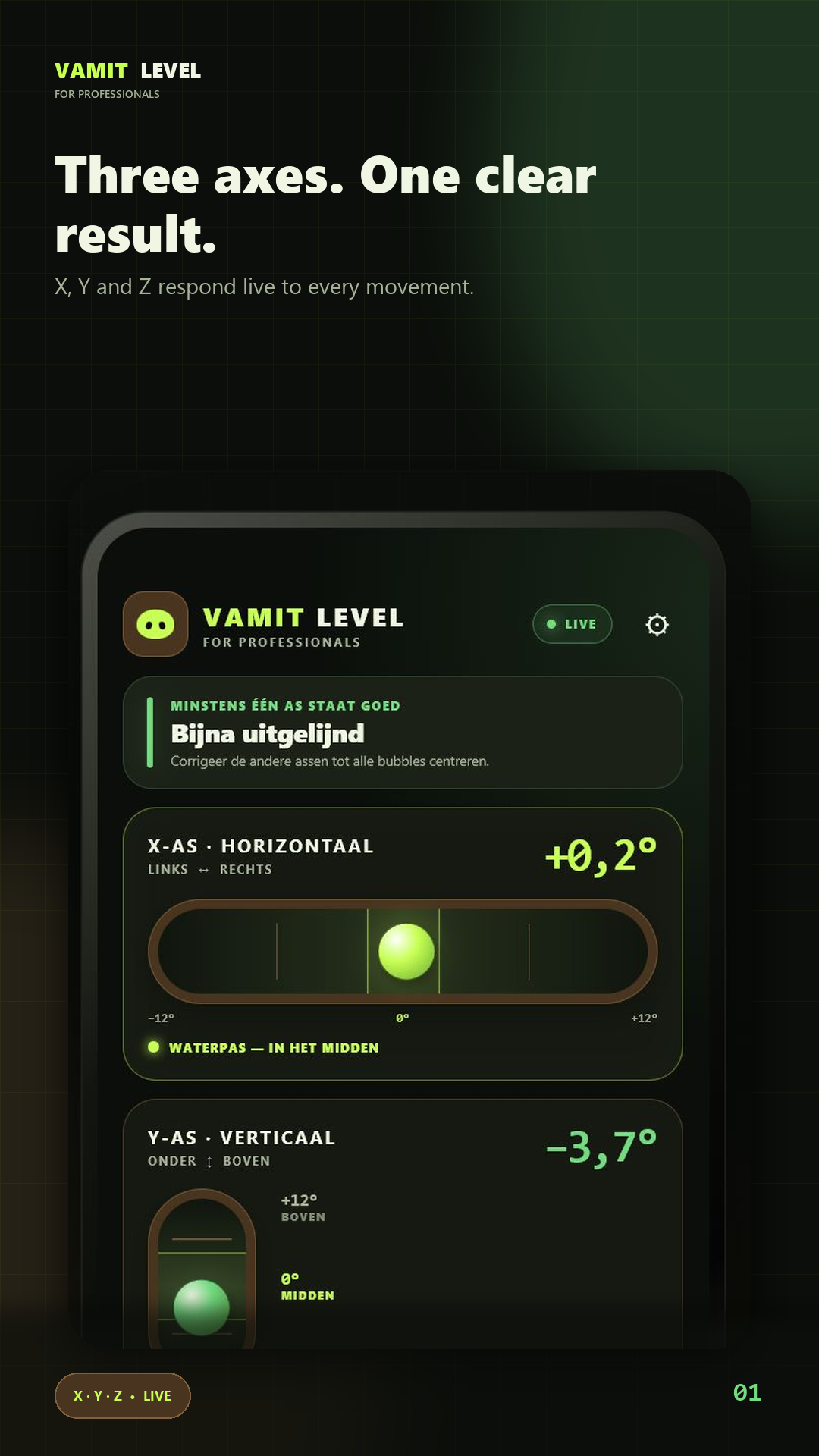 VAMIT Level showing X, Y and Z measurements