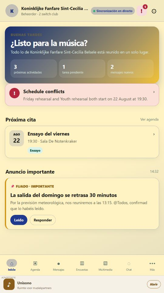 Unisono home screen in Spanish